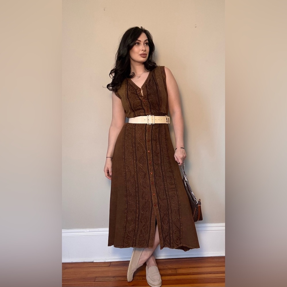 Vintage 90s Brown Button Front Midi Dress Embroidered Boho Cottagecore